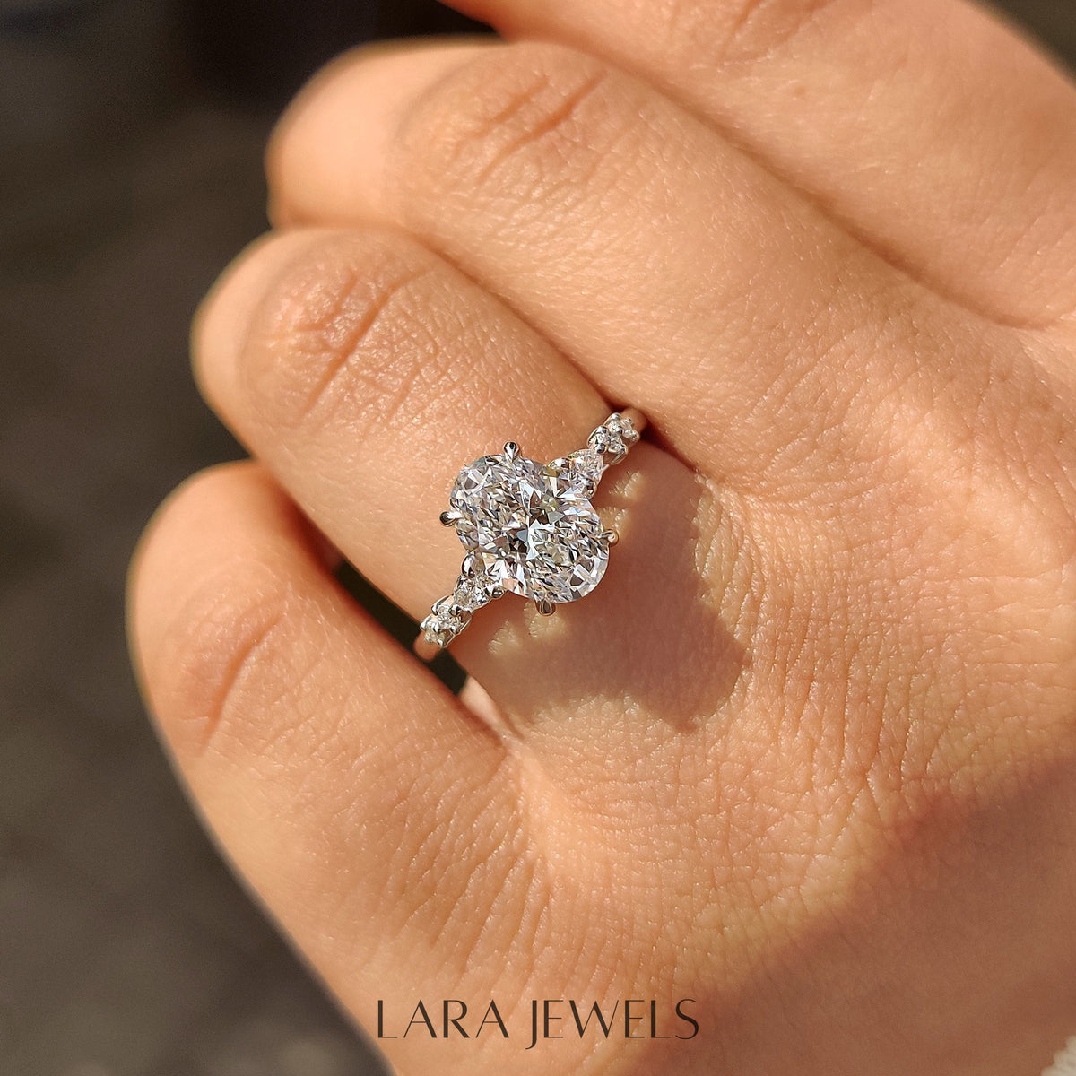 Lab grown oval engagement ring in Lara Jewels setting, available in Silver. IGI certified, ethically sourced, handcrafted at Lara Jewels.