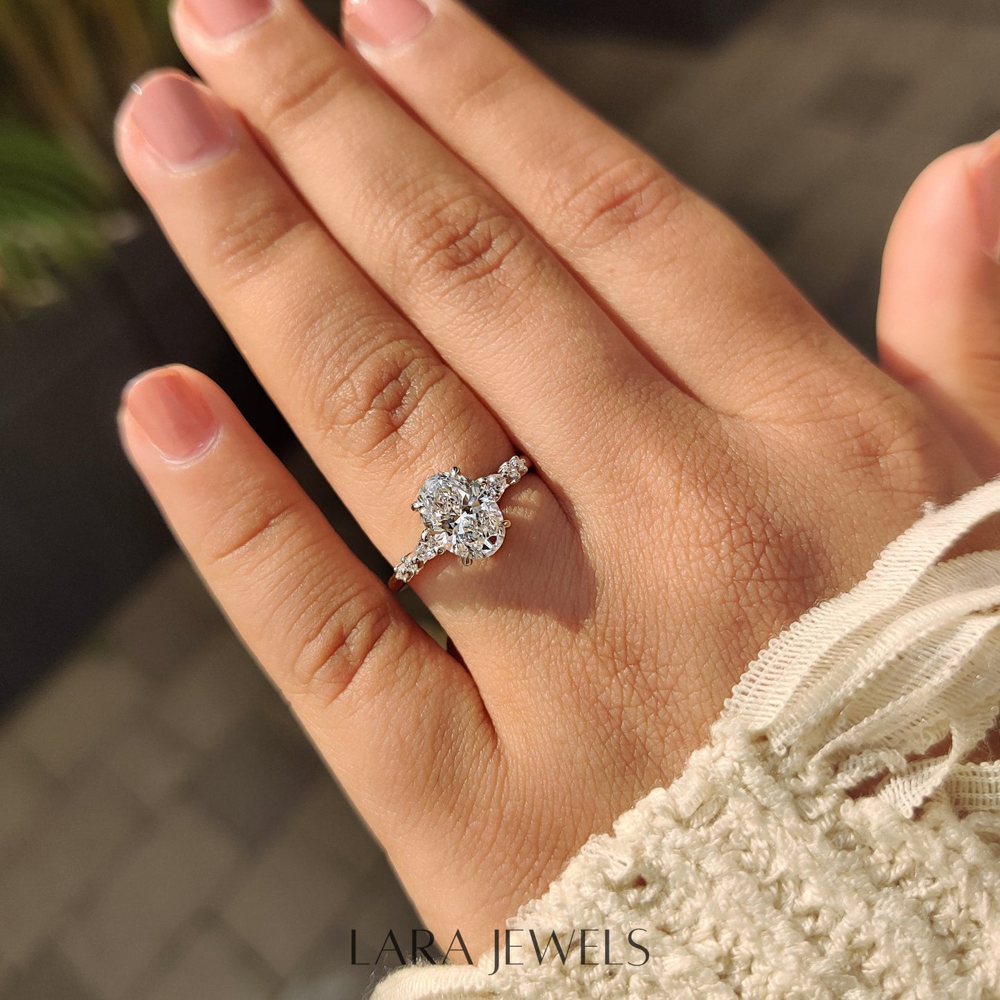 Lab grown oval engagement ring in Lara Jewels setting, available in Silver. IGI certified, ethically sourced, handcrafted at Lara Jewels.