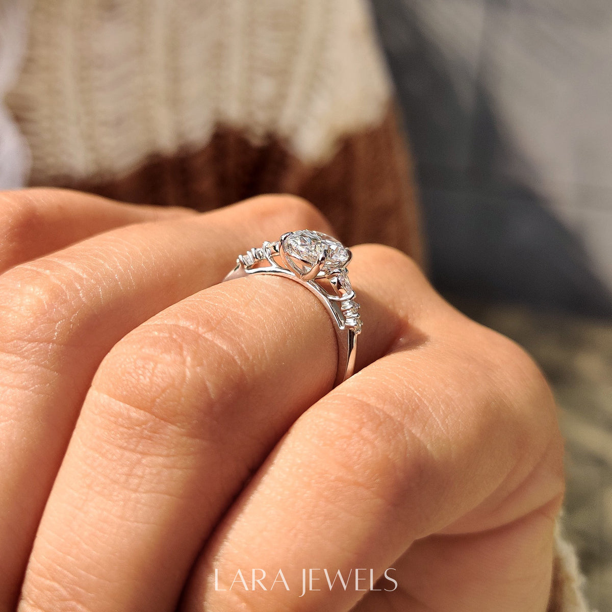 Lab grown oval engagement ring in Lara Jewels setting, available in Silver. IGI certified, ethically sourced, handcrafted at Lara Jewels.