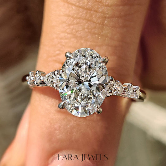 Lab grown oval engagement ring in Lara Jewels setting, available in Silver. IGI certified, ethically sourced, handcrafted at Lara Jewels.