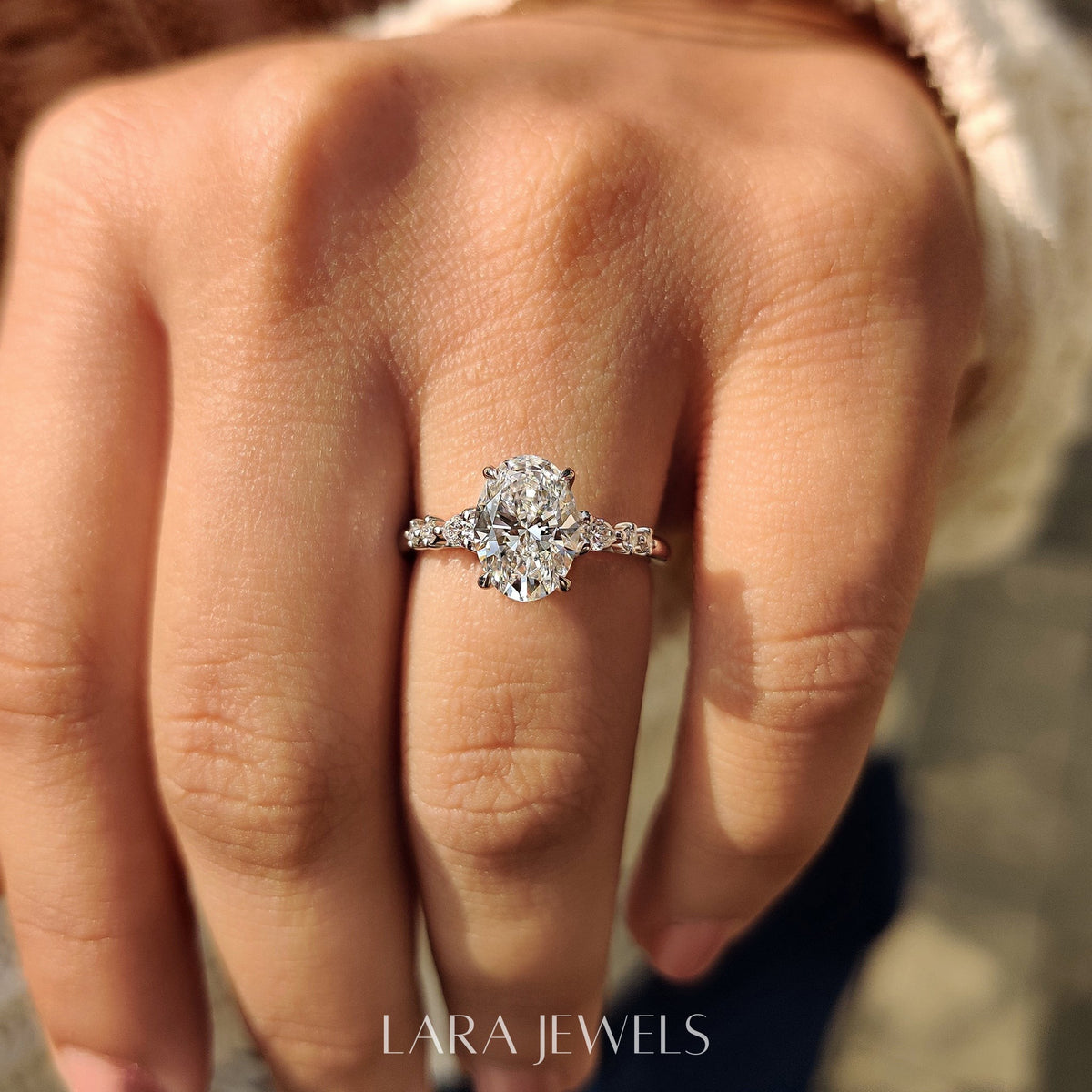 Lab grown oval engagement ring in Lara Jewels setting, available in Silver. IGI certified, ethically sourced, handcrafted at Lara Jewels.