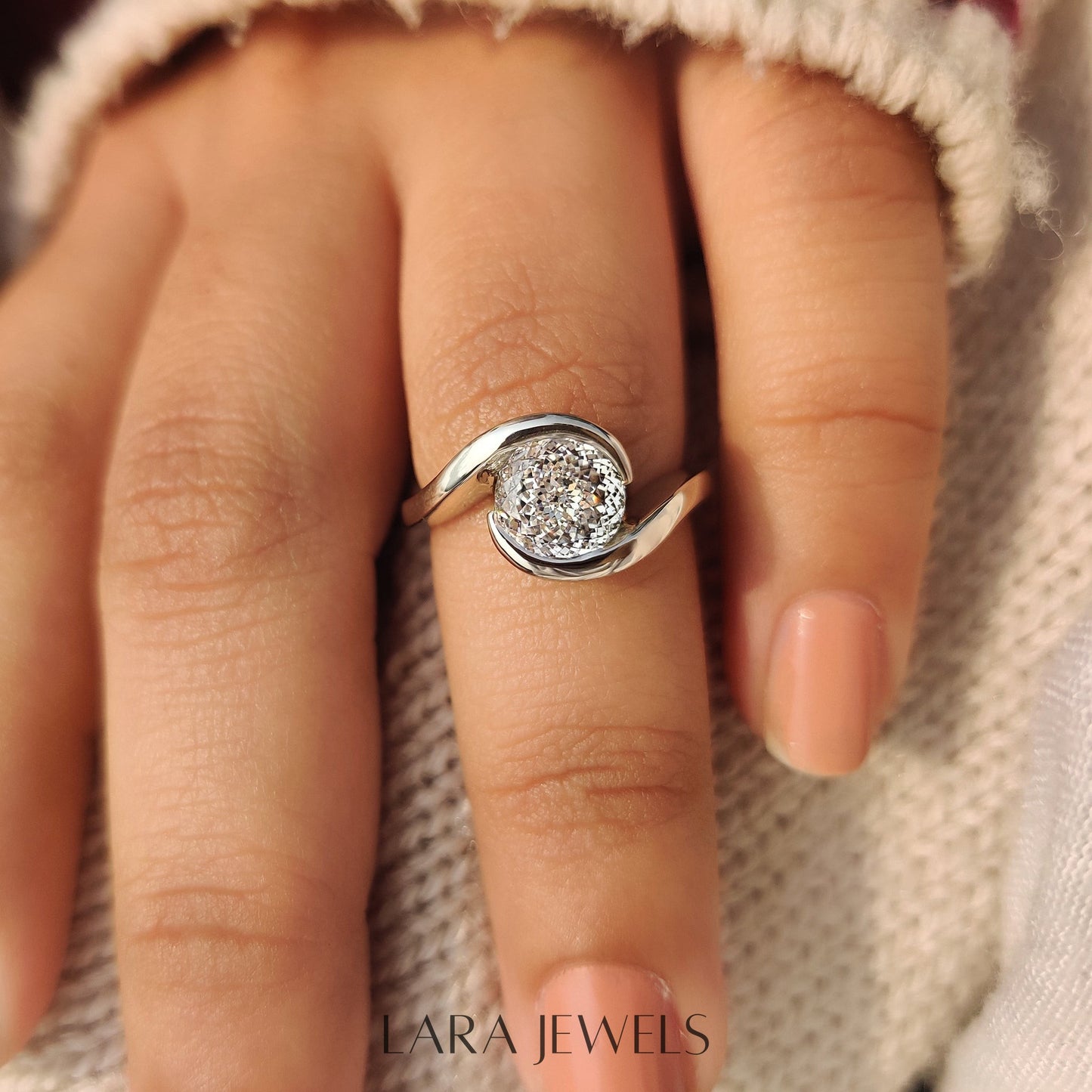 Lab grown diamond engagement ring in Half Bezel, available in Silver. IGI certified, ethically sourced, handcrafted at Lara Jewels.