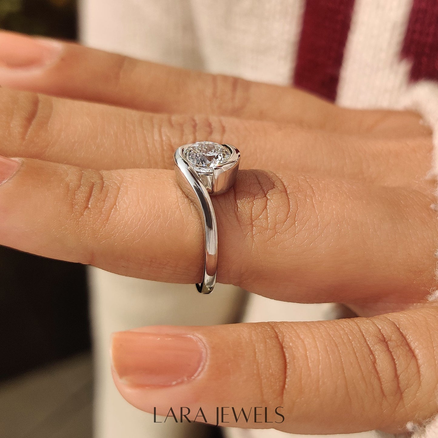 Lab grown diamond engagement ring in Half Bezel, available in Silver. IGI certified, ethically sourced, handcrafted at Lara Jewels.