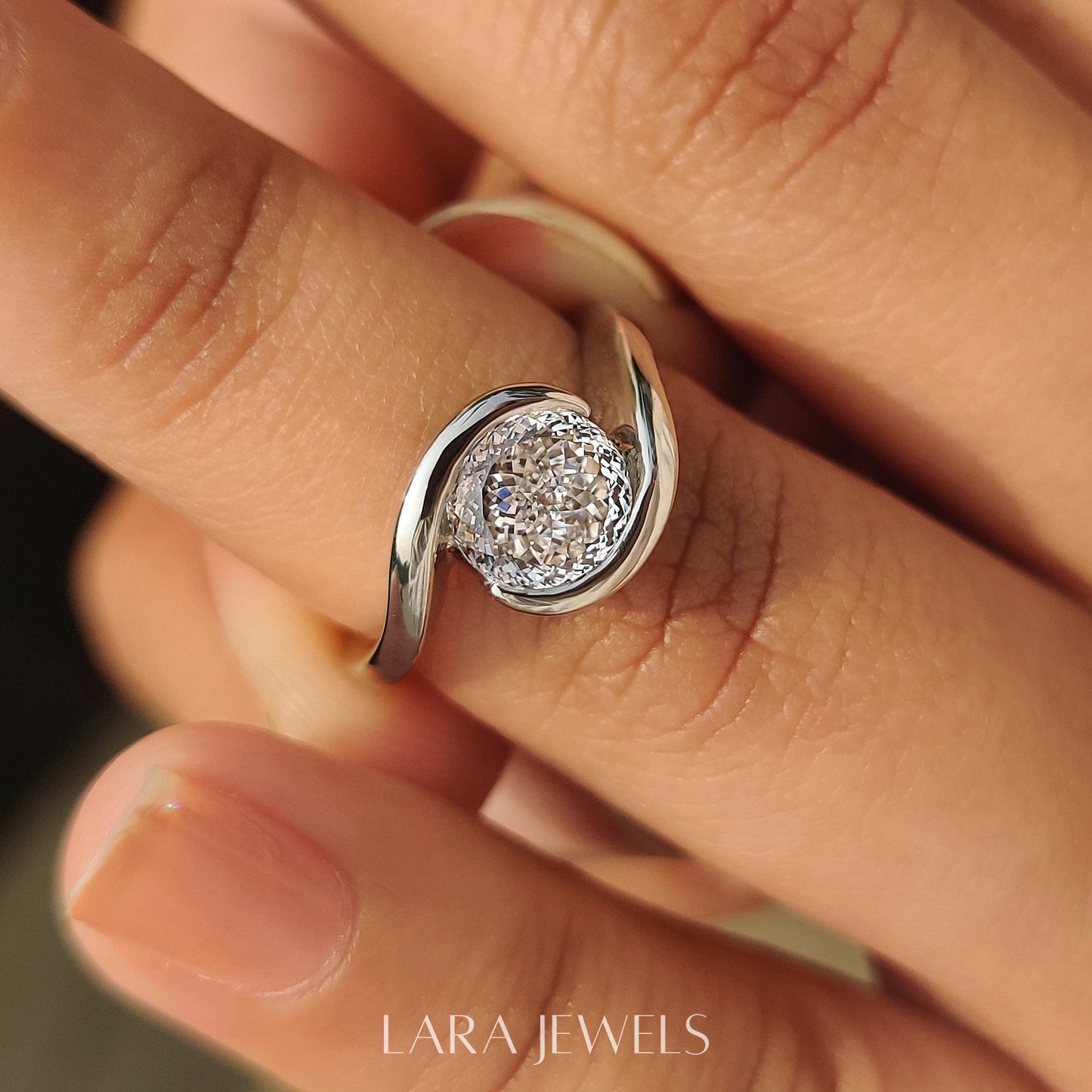 Lab grown diamond engagement ring in Half Bezel, available in Silver. IGI certified, ethically sourced, handcrafted at Lara Jewels.