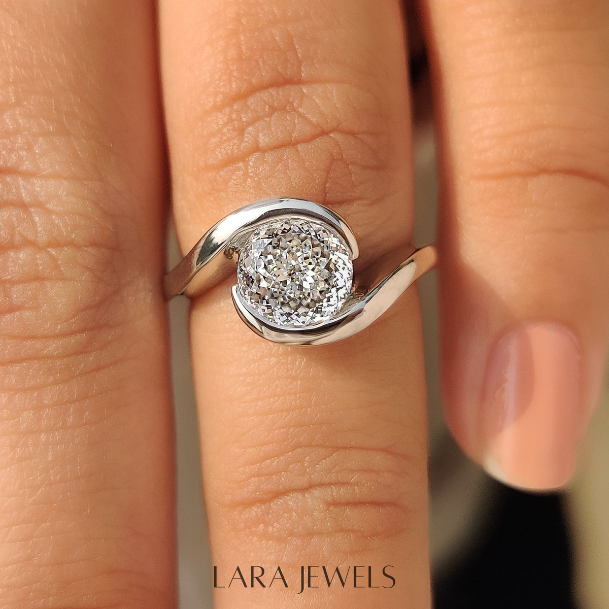 Lab grown diamond engagement ring in Half Bezel, available in Silver. IGI certified, ethically sourced, handcrafted at Lara Jewels.