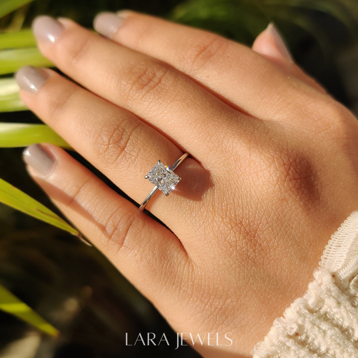 Lab grown radiant engagement ring in Lara Jewels setting, available in Silver. IGI certified, ethically sourced, handcrafted at Lara Jewels.