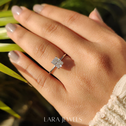 Lab grown radiant engagement ring in Lara Jewels setting, available in Silver. IGI certified, ethically sourced, handcrafted at Lara Jewels.