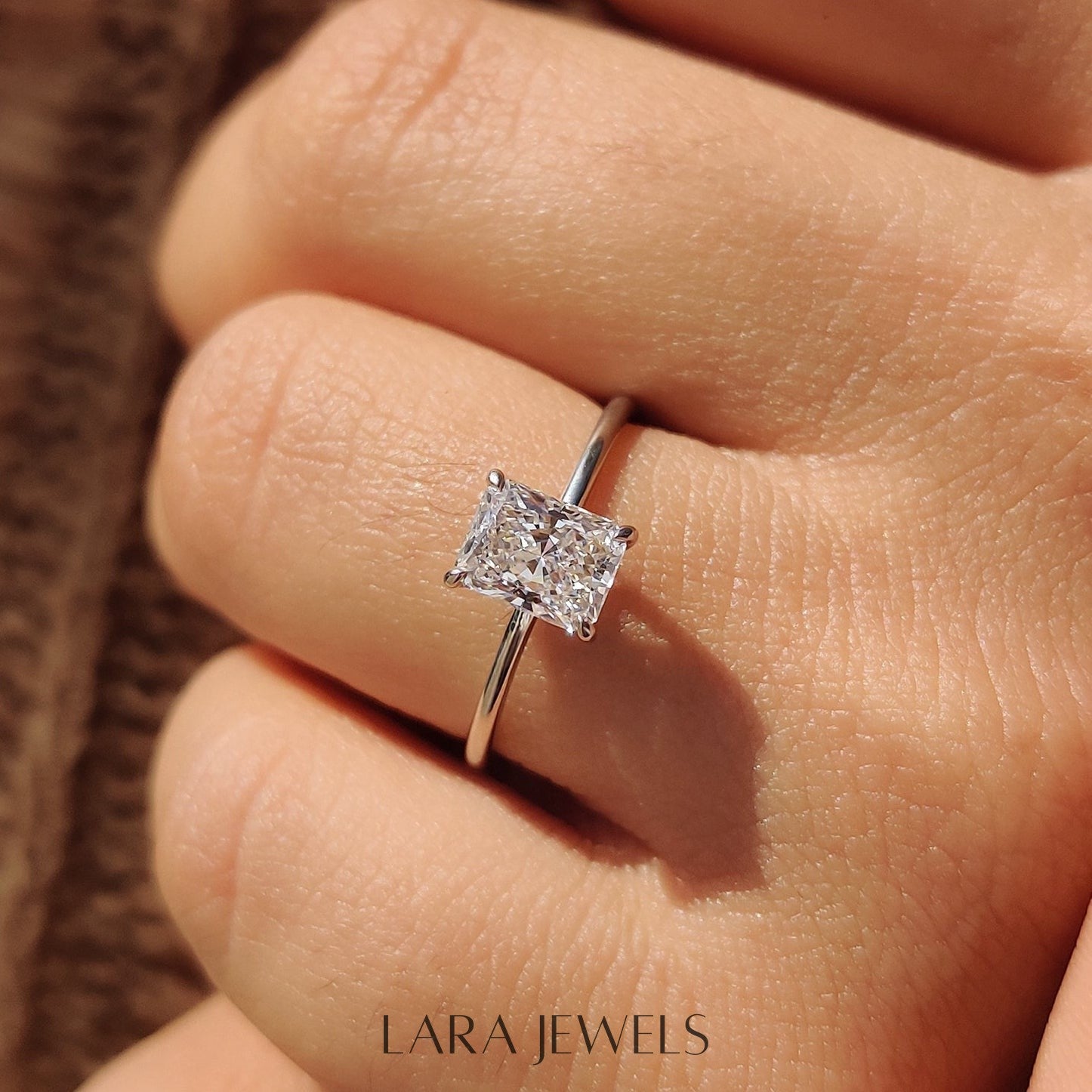 Lab grown radiant engagement ring in Lara Jewels setting, available in Silver. IGI certified, ethically sourced, handcrafted at Lara Jewels.