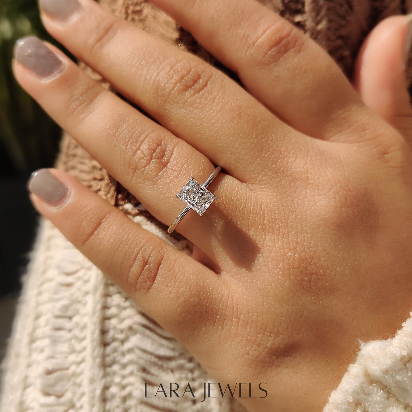 Lab grown radiant engagement ring in Lara Jewels setting, available in Silver. IGI certified, ethically sourced, handcrafted at Lara Jewels.