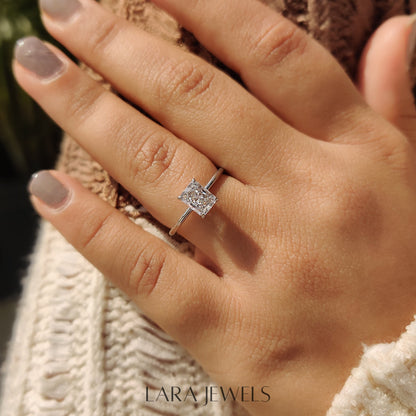 Lab grown radiant engagement ring in Lara Jewels setting, available in Silver. IGI certified, ethically sourced, handcrafted at Lara Jewels.