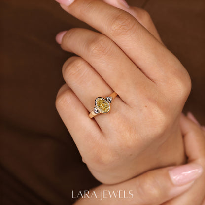 Lab grown oval engagement ring in Trillion Side Stone, available in Silver. IGI certified, ethically sourced, handcrafted at Lara Jewels.