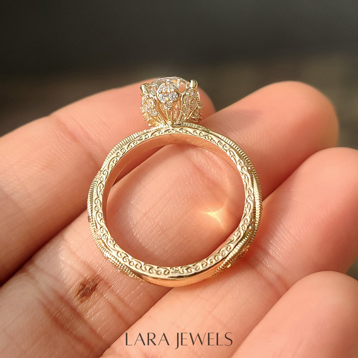 Lab grown oval engagement ring in Lara Jewels setting, available in Silver. IGI certified, ethically sourced, handcrafted at Lara Jewels.