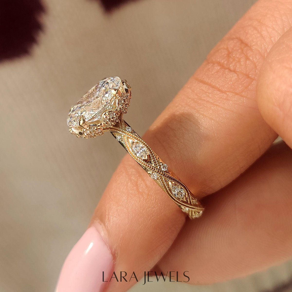 Lab grown oval engagement ring in Lara Jewels setting, available in Silver. IGI certified, ethically sourced, handcrafted at Lara Jewels.