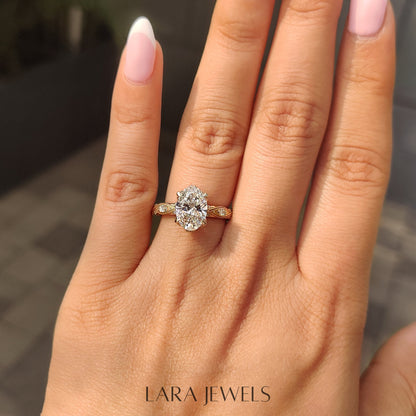 Lab grown oval engagement ring in Lara Jewels setting, available in Silver. IGI certified, ethically sourced, handcrafted at Lara Jewels.