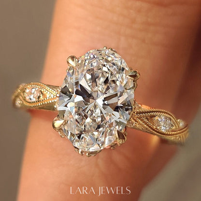 Lab grown oval engagement ring in Lara Jewels setting, available in Silver. IGI certified, ethically sourced, handcrafted at Lara Jewels.