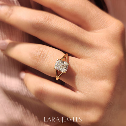 Lab grown cushion engagement ring in Lara Jewels setting, available in Silver. IGI certified, ethically sourced, handcrafted at Lara Jewels.