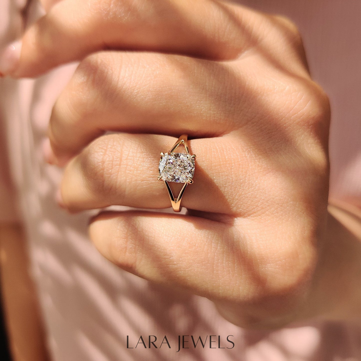 Lab grown cushion engagement ring in Lara Jewels setting, available in Silver. IGI certified, ethically sourced, handcrafted at Lara Jewels.