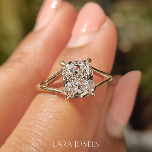 Lab grown cushion engagement ring in Lara Jewels setting, available in Silver. IGI certified, ethically sourced, handcrafted at Lara Jewels.