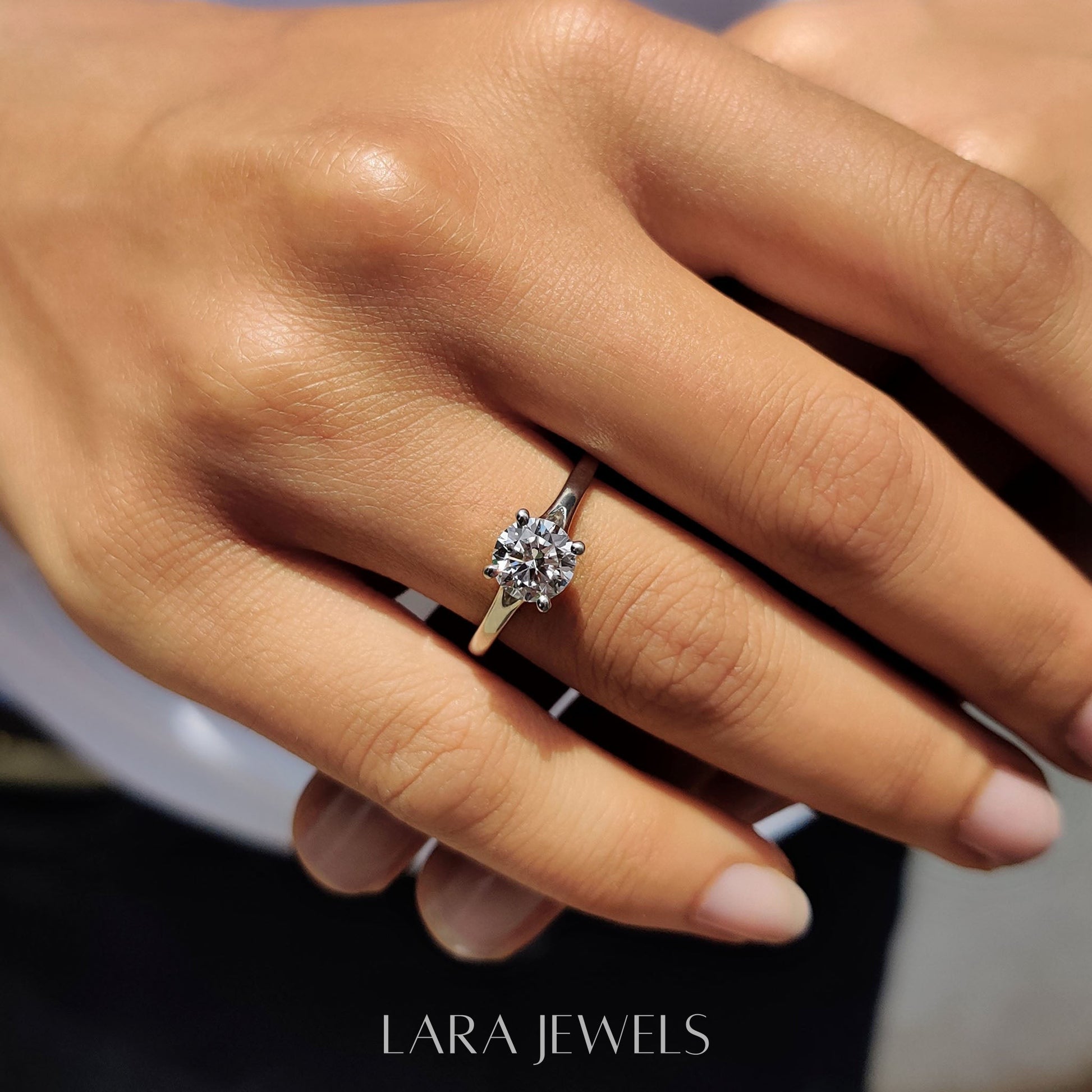 Lab grown diamond engagement ring in Lara Jewels setting, available in Silver. IGI certified, ethically sourced, handcrafted at Lara Jewels.