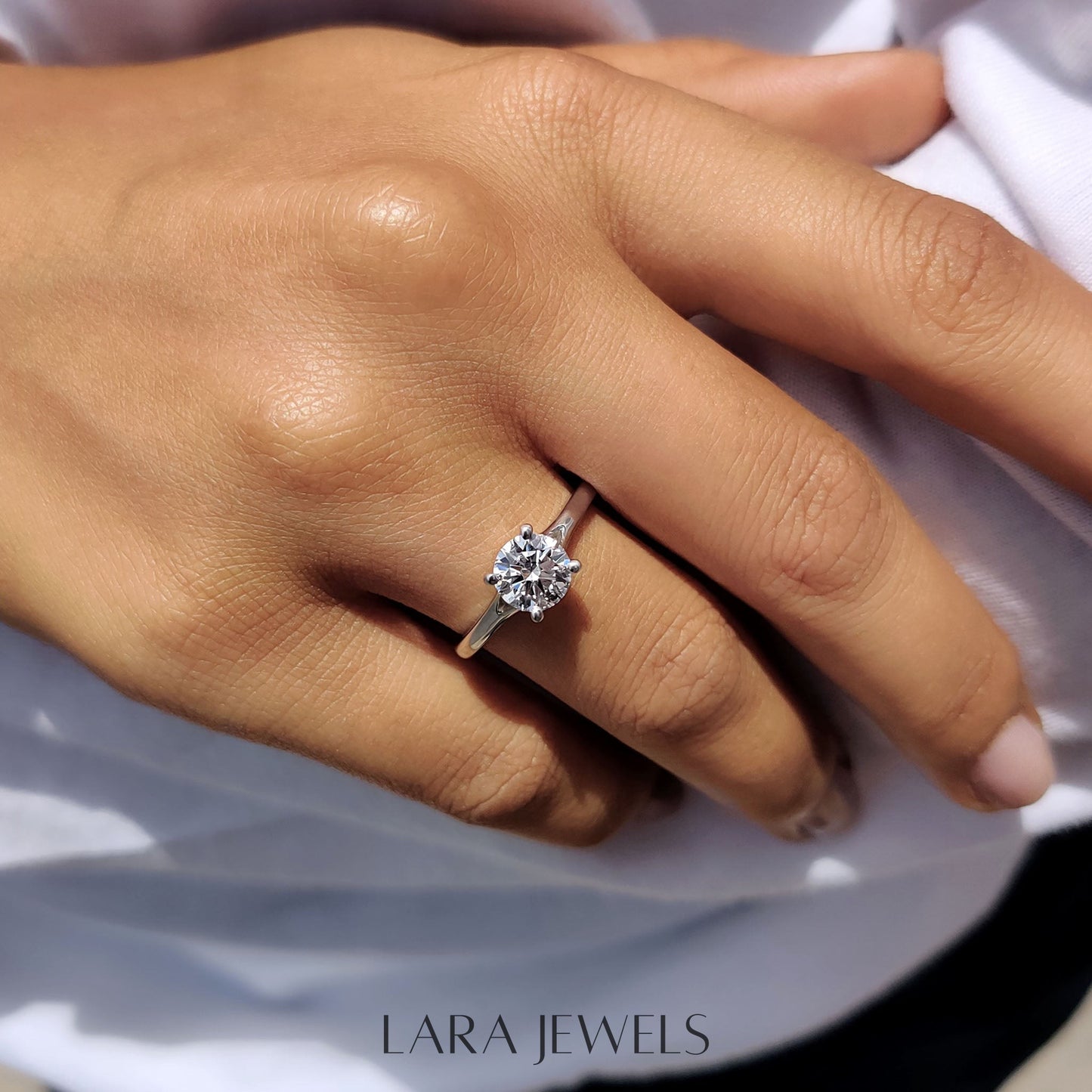 Lab grown diamond engagement ring in Lara Jewels setting, available in Silver. IGI certified, ethically sourced, handcrafted at Lara Jewels.