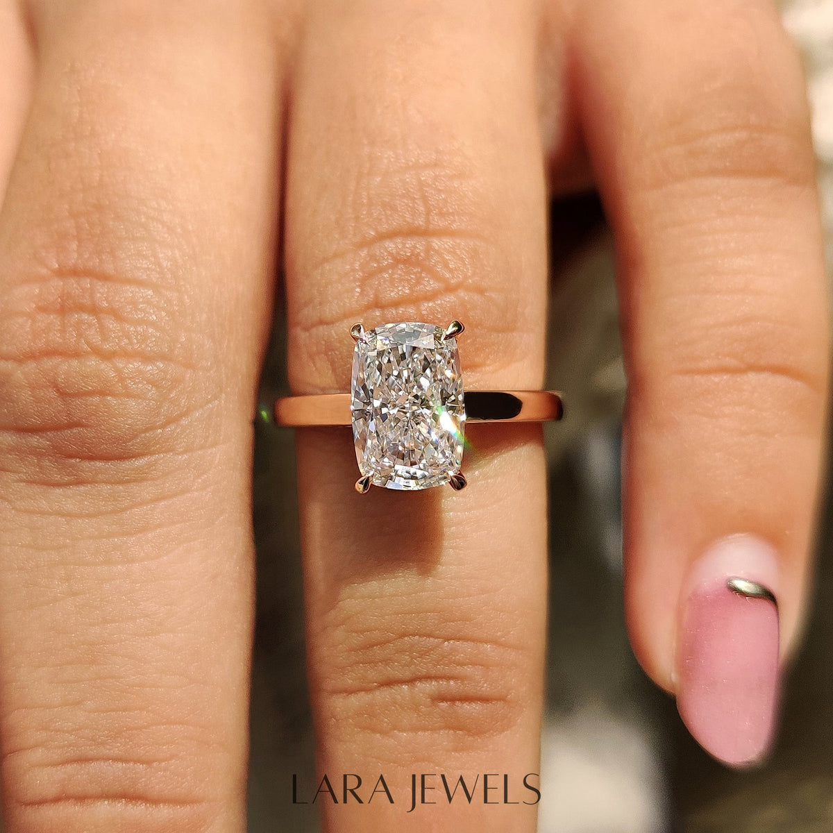 Lab grown cushion engagement ring in Lara Jewels setting, available in Silver. IGI certified, ethically sourced, handcrafted at Lara Jewels.