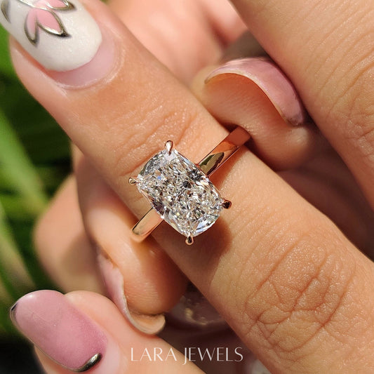 Lab grown cushion engagement ring in Lara Jewels setting, available in Silver. IGI certified, ethically sourced, handcrafted at Lara Jewels.