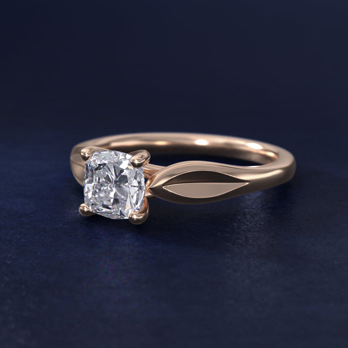 Leaf Solitaire Engagement Ring in 14k Rose Gold - Cushion Center