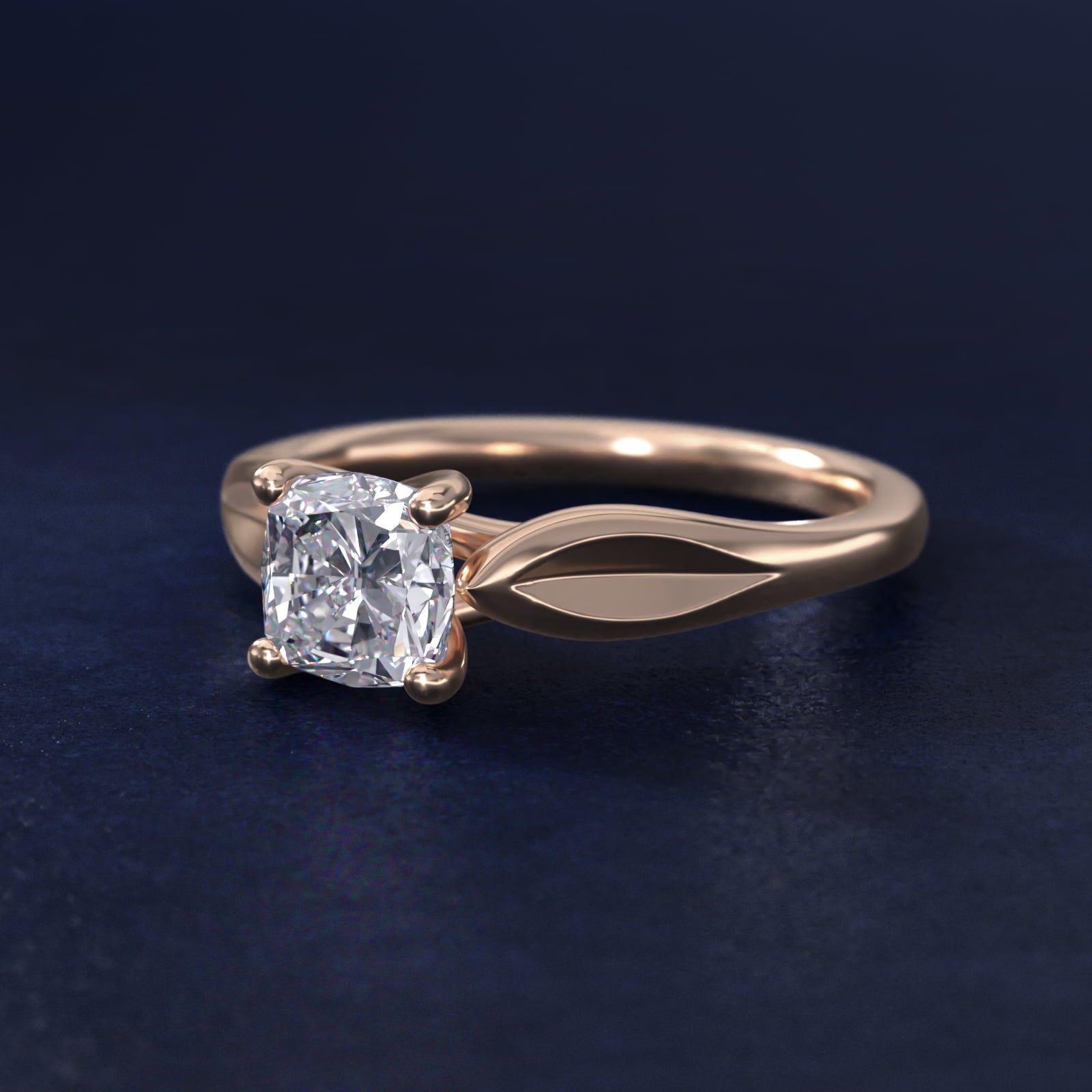 Leaf Solitaire Engagement Ring in 14k Rose Gold - Cushion Center