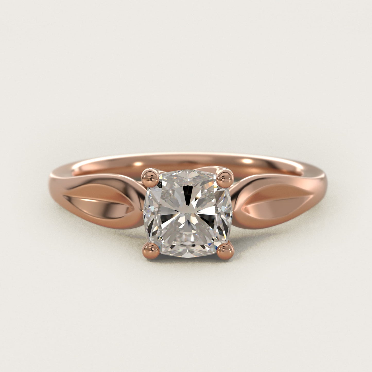 Leaf Solitaire Engagement Ring in 14k Rose Gold - Cushion Center