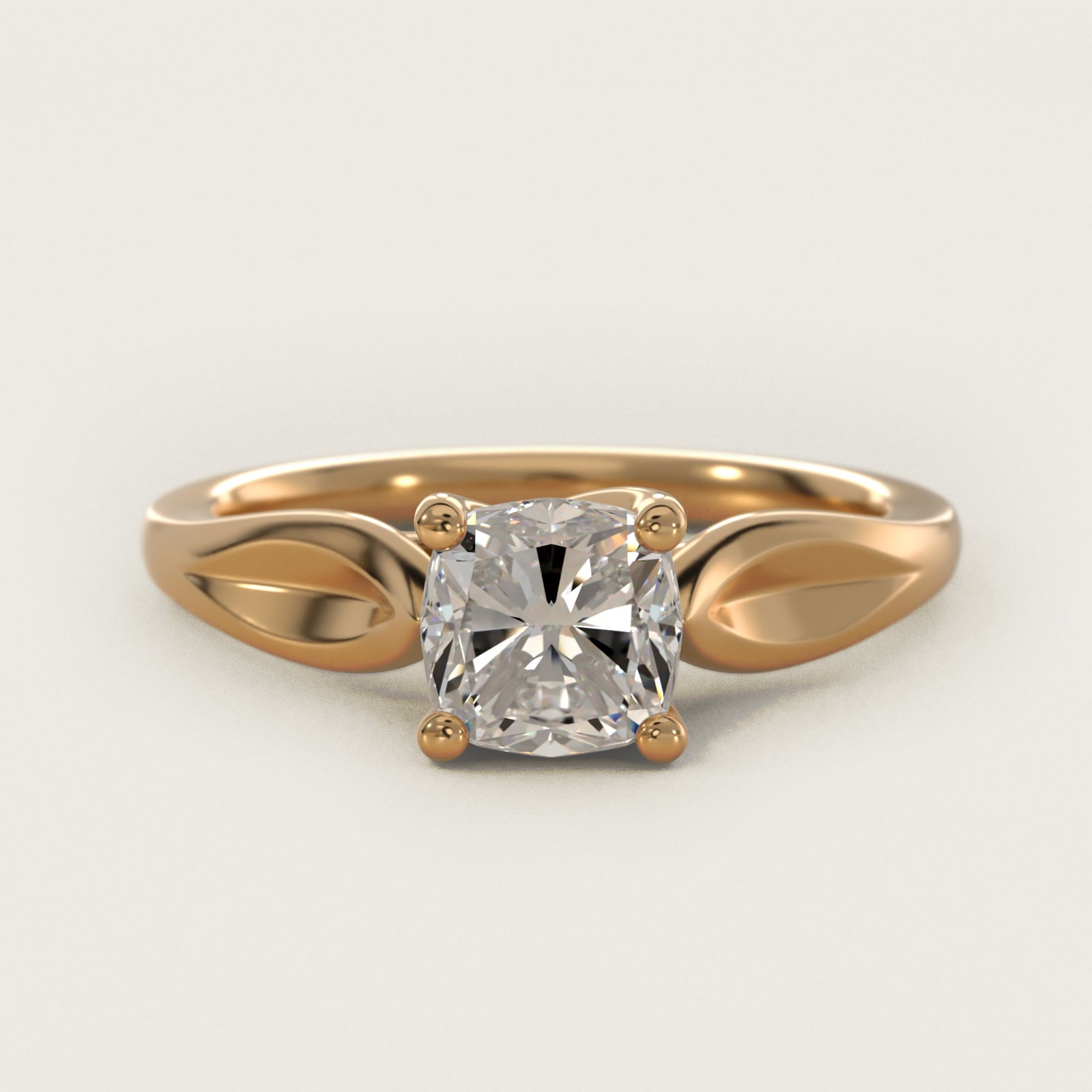 Leaf Solitaire Engagement Ring in 18k Yellow Gold - Cushion Center