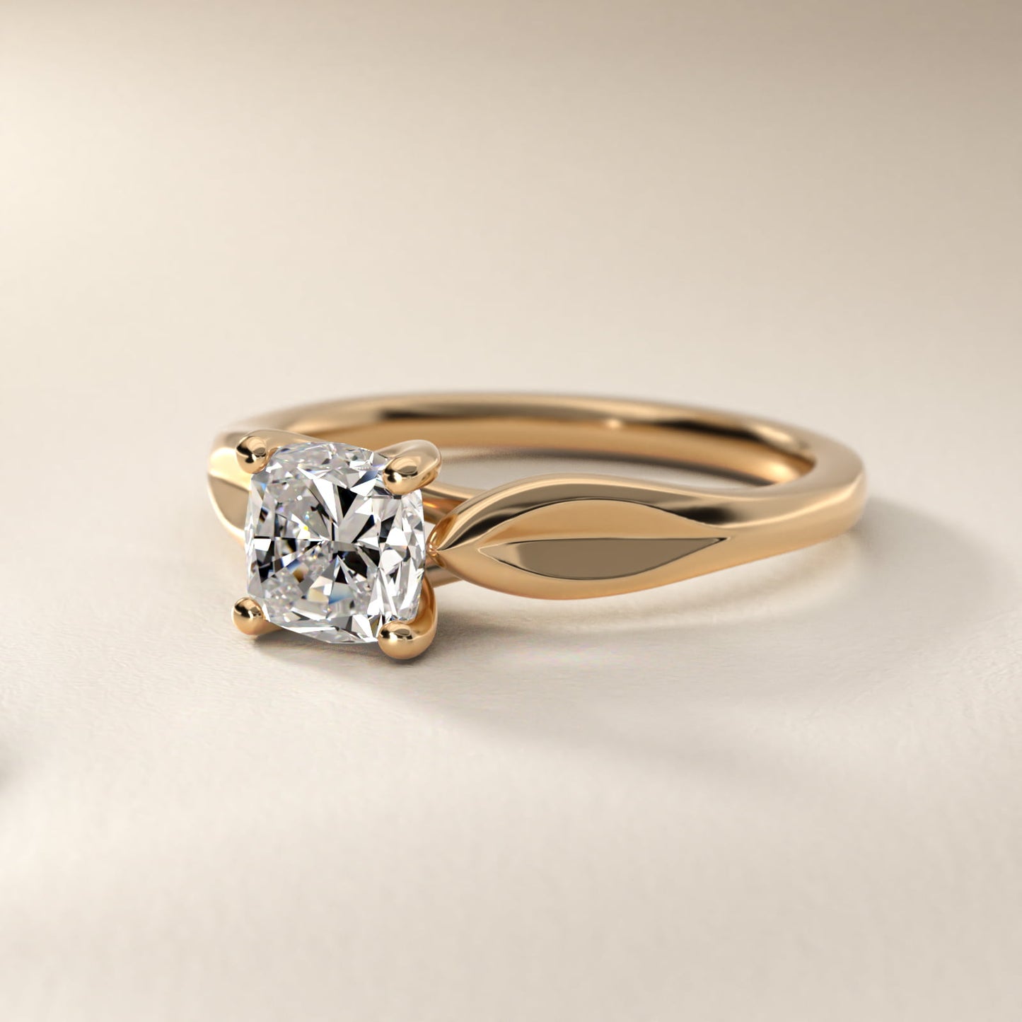 Leaf Solitaire Engagement Ring in 14k Yellow Gold - Cushion Center