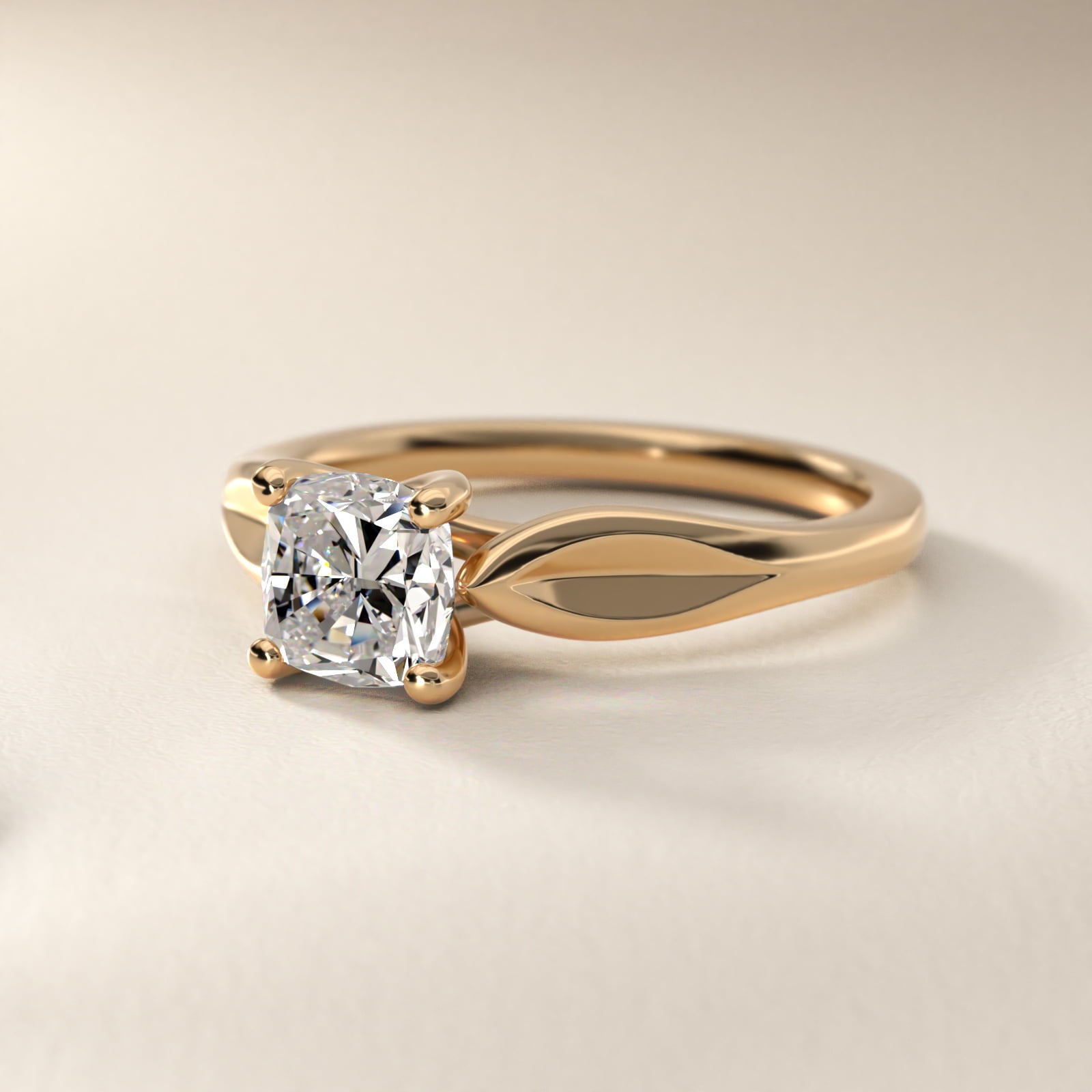 Leaf Solitaire Engagement Ring in 14k Yellow Gold - Cushion Center