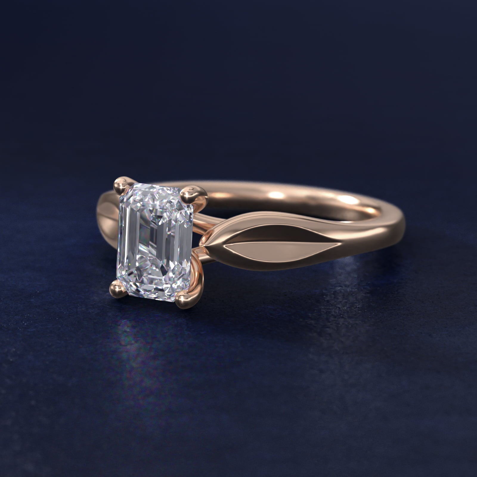 Leaf Solitaire Engagement Ring in 14k Rose Gold - Emerald Center