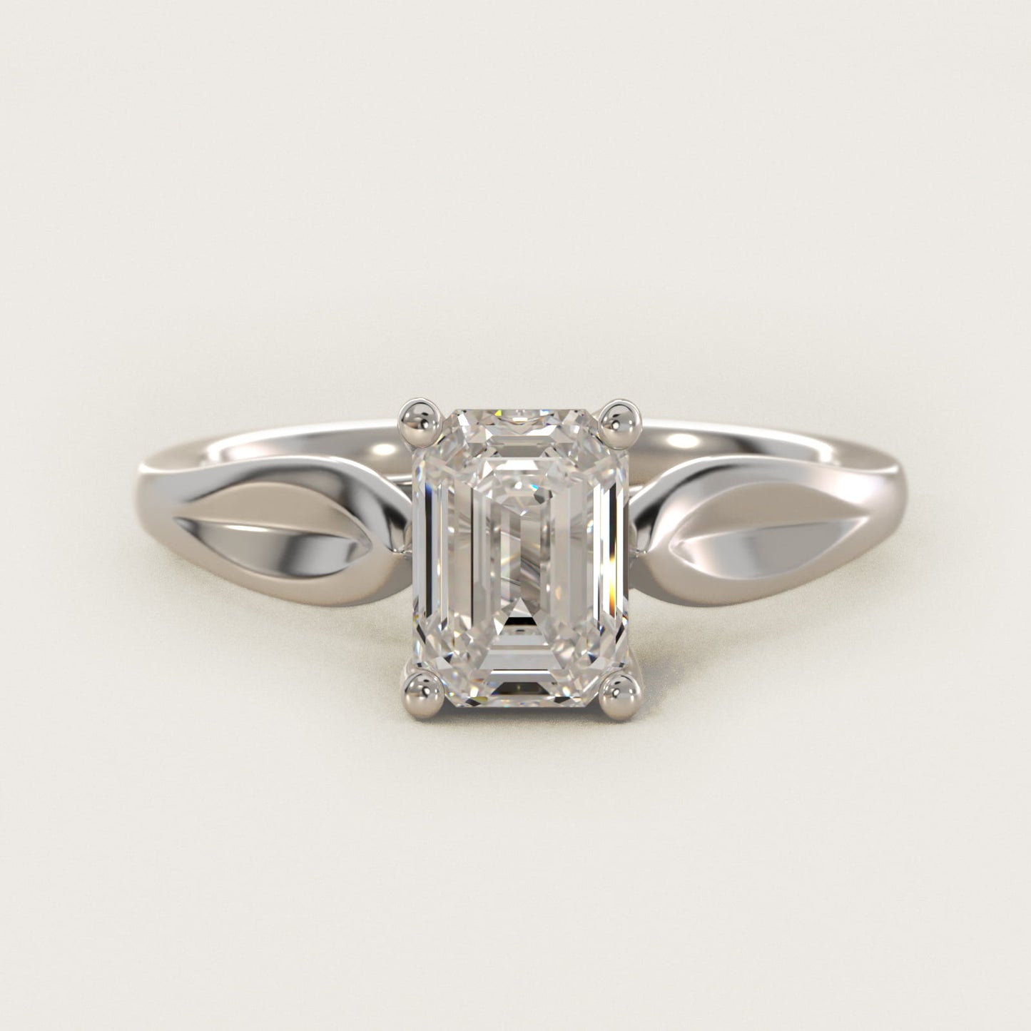 Leaf Solitaire Engagement Ring in 18k White Gold - Emerald Center