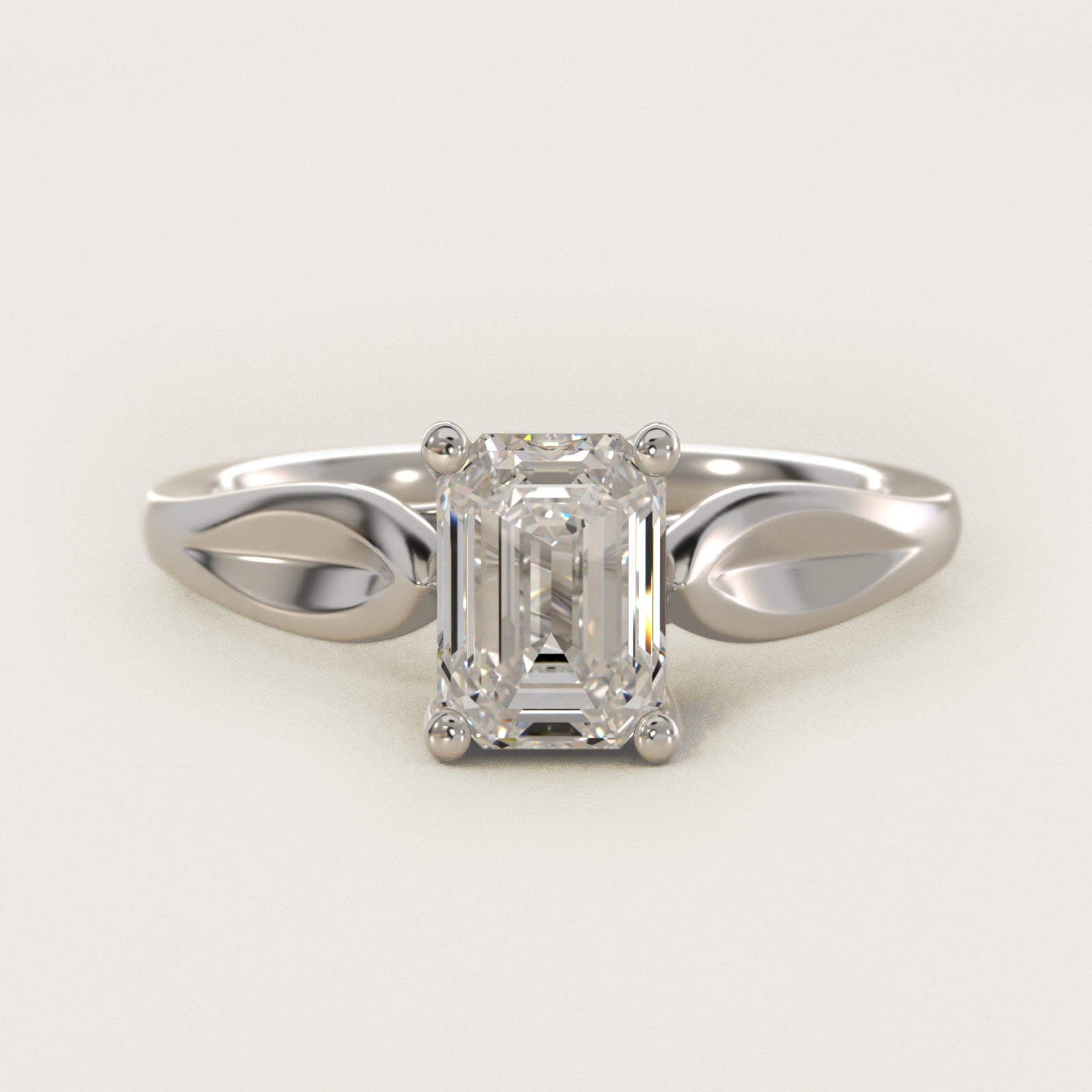 Leaf Solitaire Engagement Ring in 18k White Gold - Emerald Center