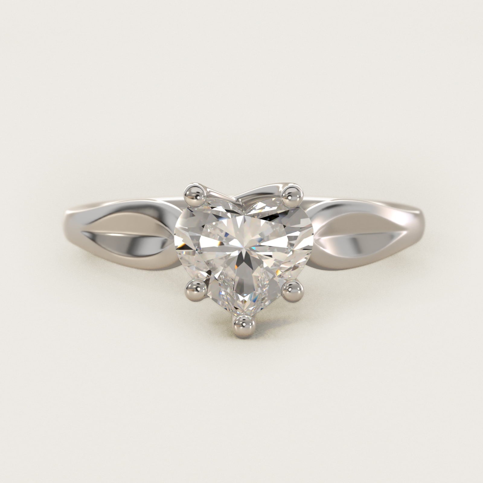 Leaf Solitaire Engagement Ring in 14k White Gold - Heart Center