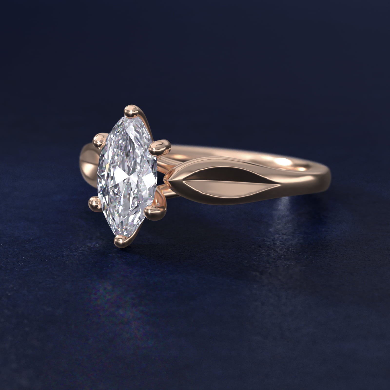 Leaf Solitaire Engagement Ring in 14k Rose Gold - Marquise Center