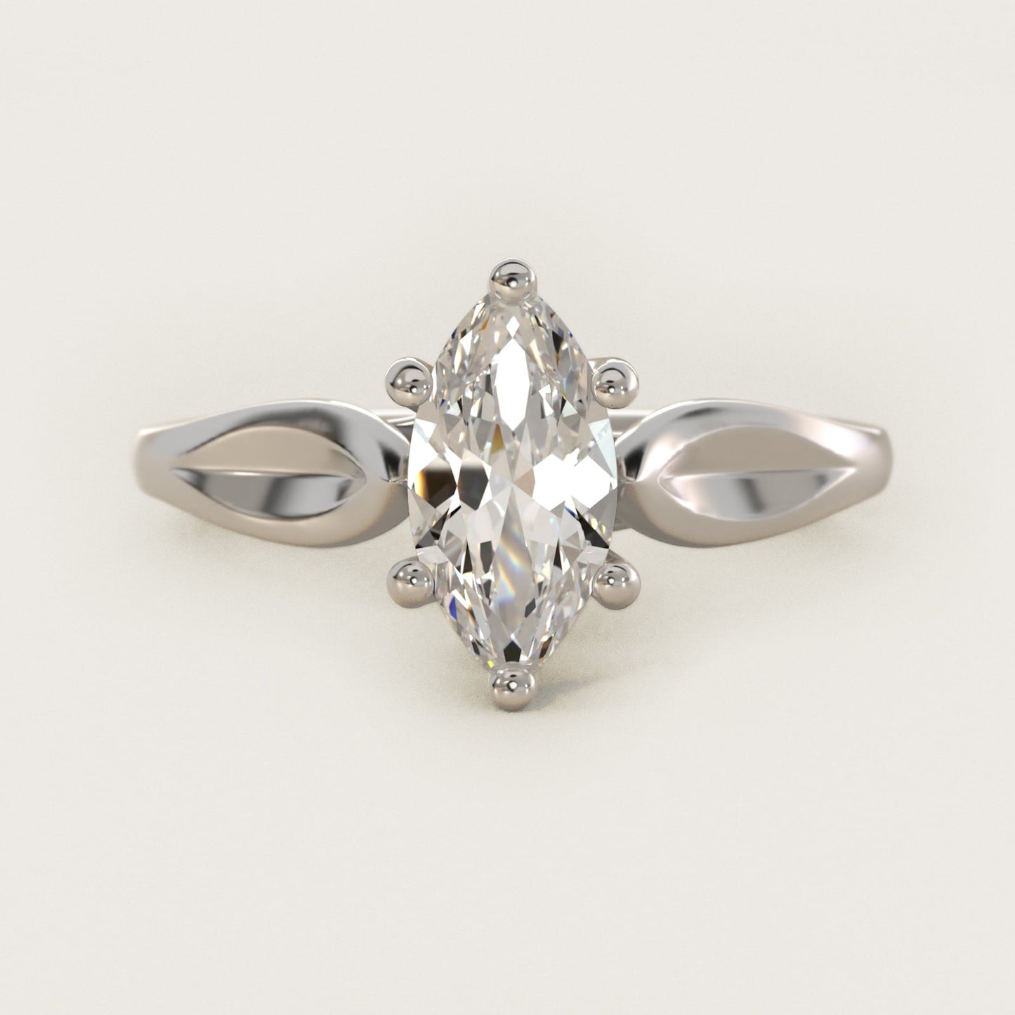 Leaf Solitaire Engagement Ring in 18k White Gold - Marquise Center