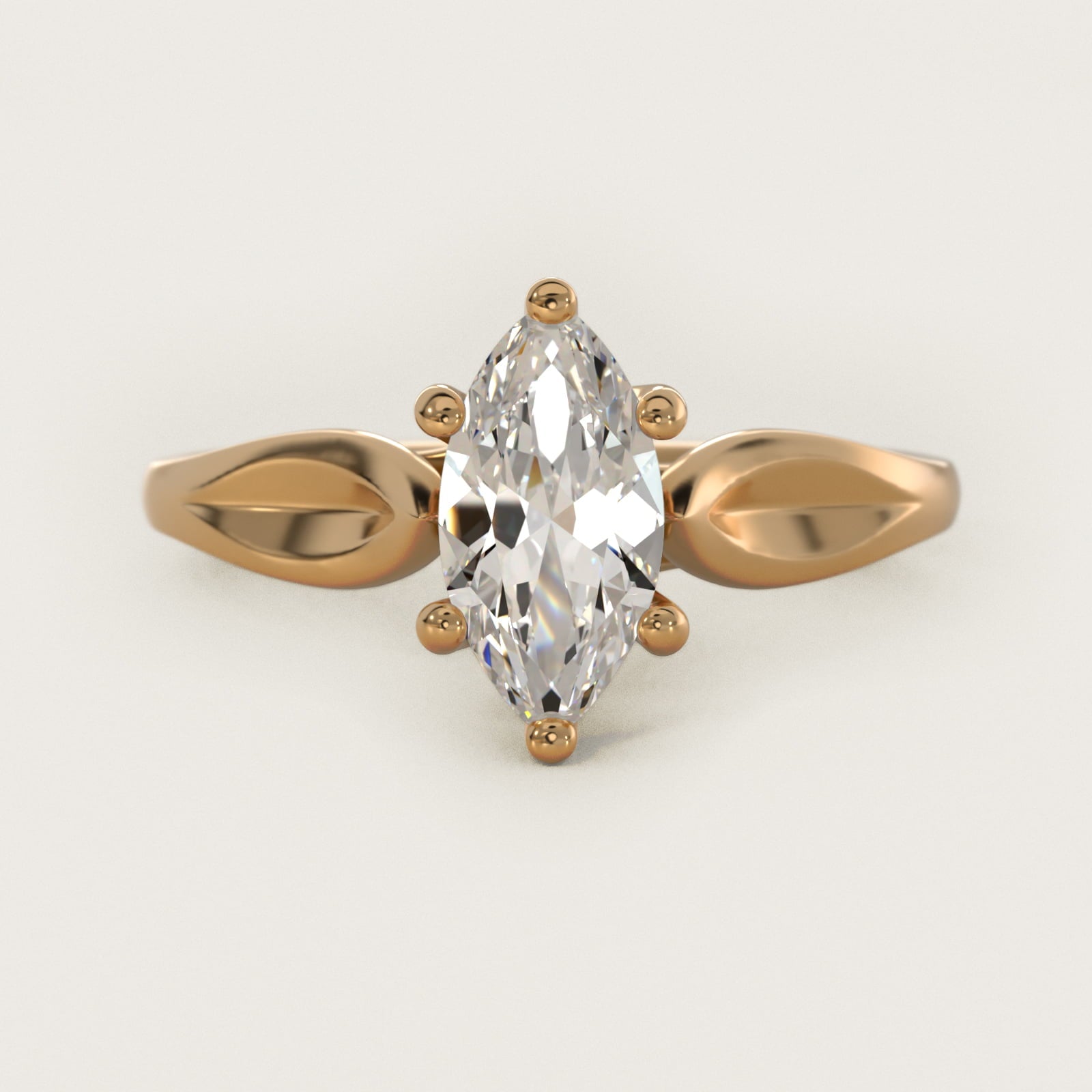Leaf Solitaire Engagement Ring in 14k Yellow Gold - Marquise Center