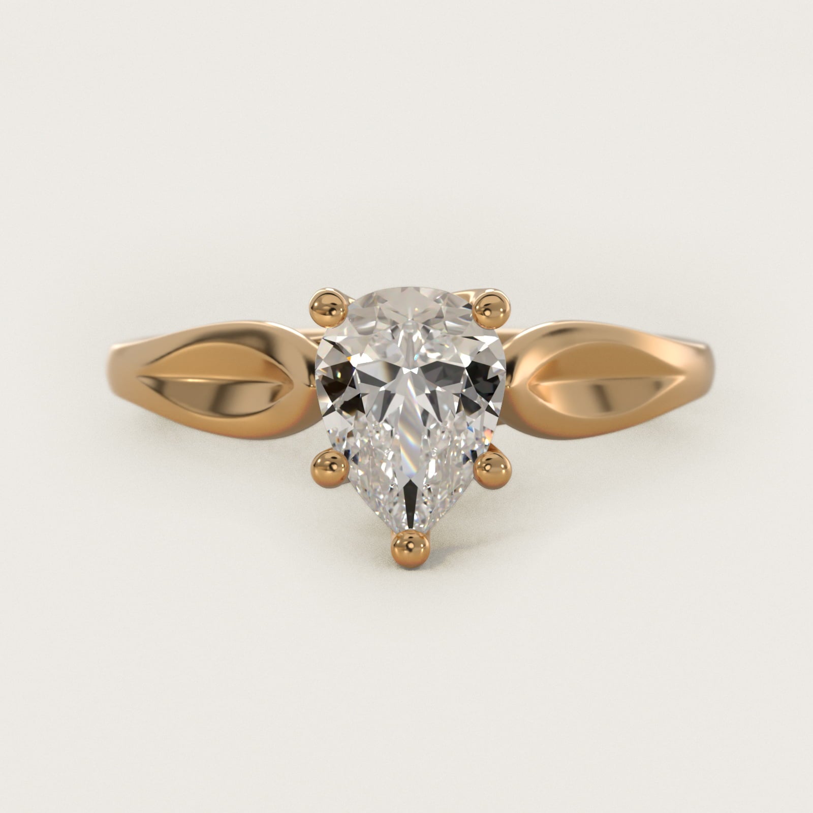 Leaf Solitaire Engagement Ring in 14k Yellow Gold - Pear Center
