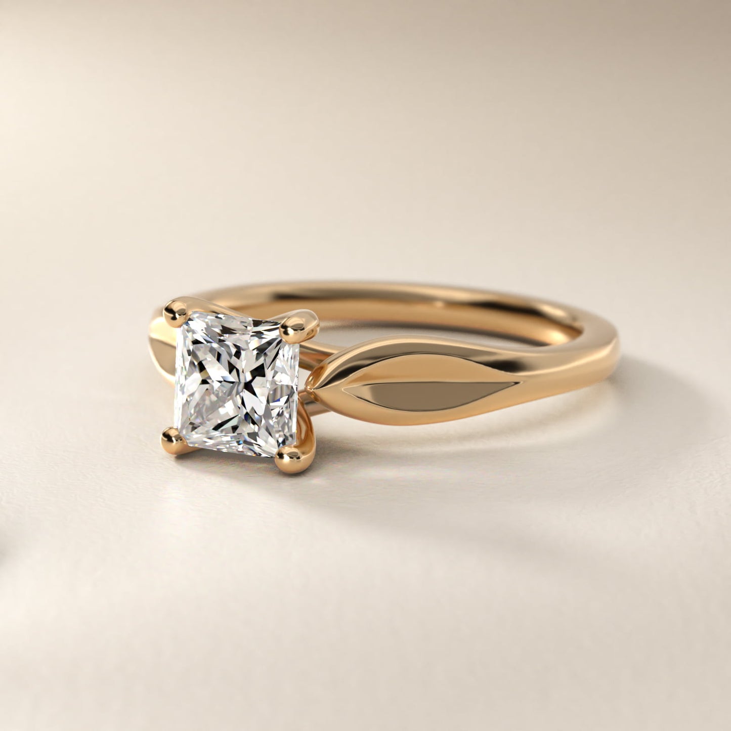 Leaf Solitaire Engagement Ring in 14k Yellow Gold - Princess Center