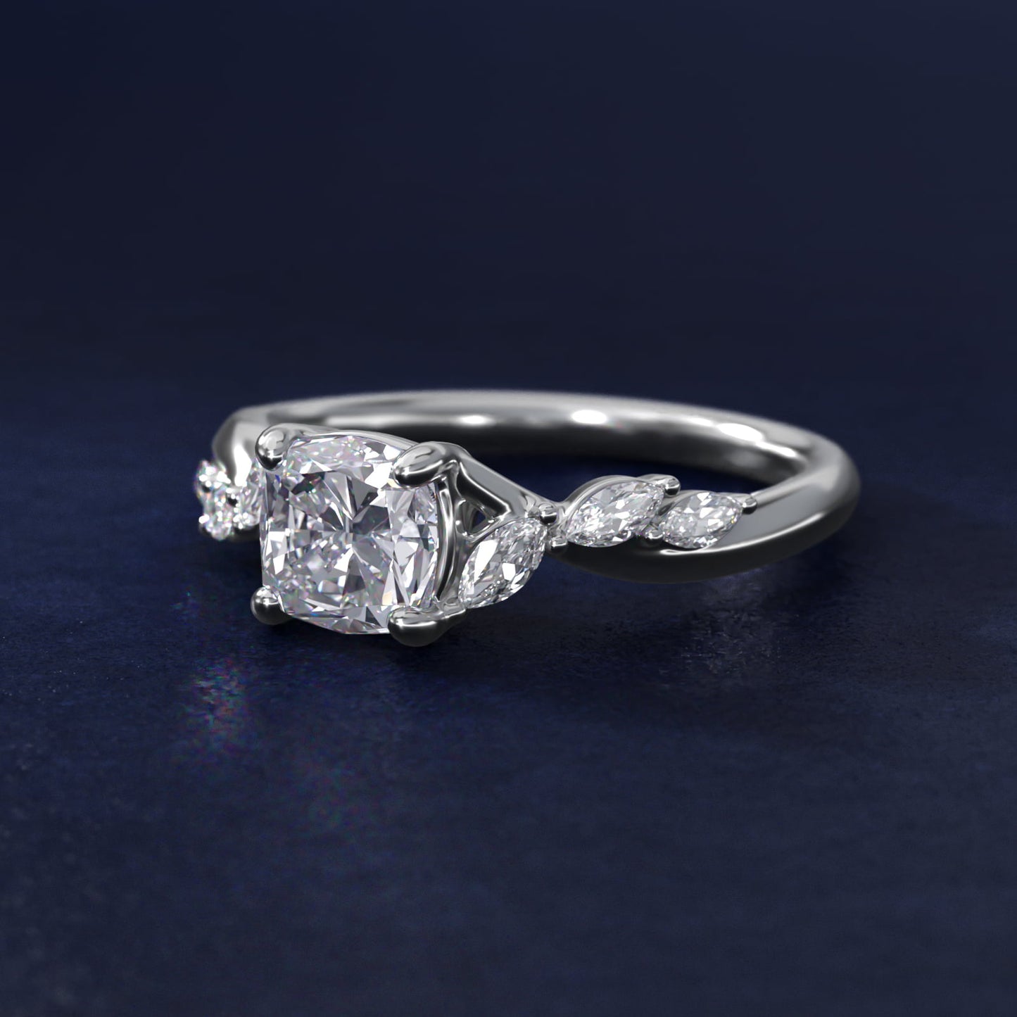 Leaf Vine Diamond Motif Side Stone Engagement Ring In 18k White Gold By James Allen - Cushion Center