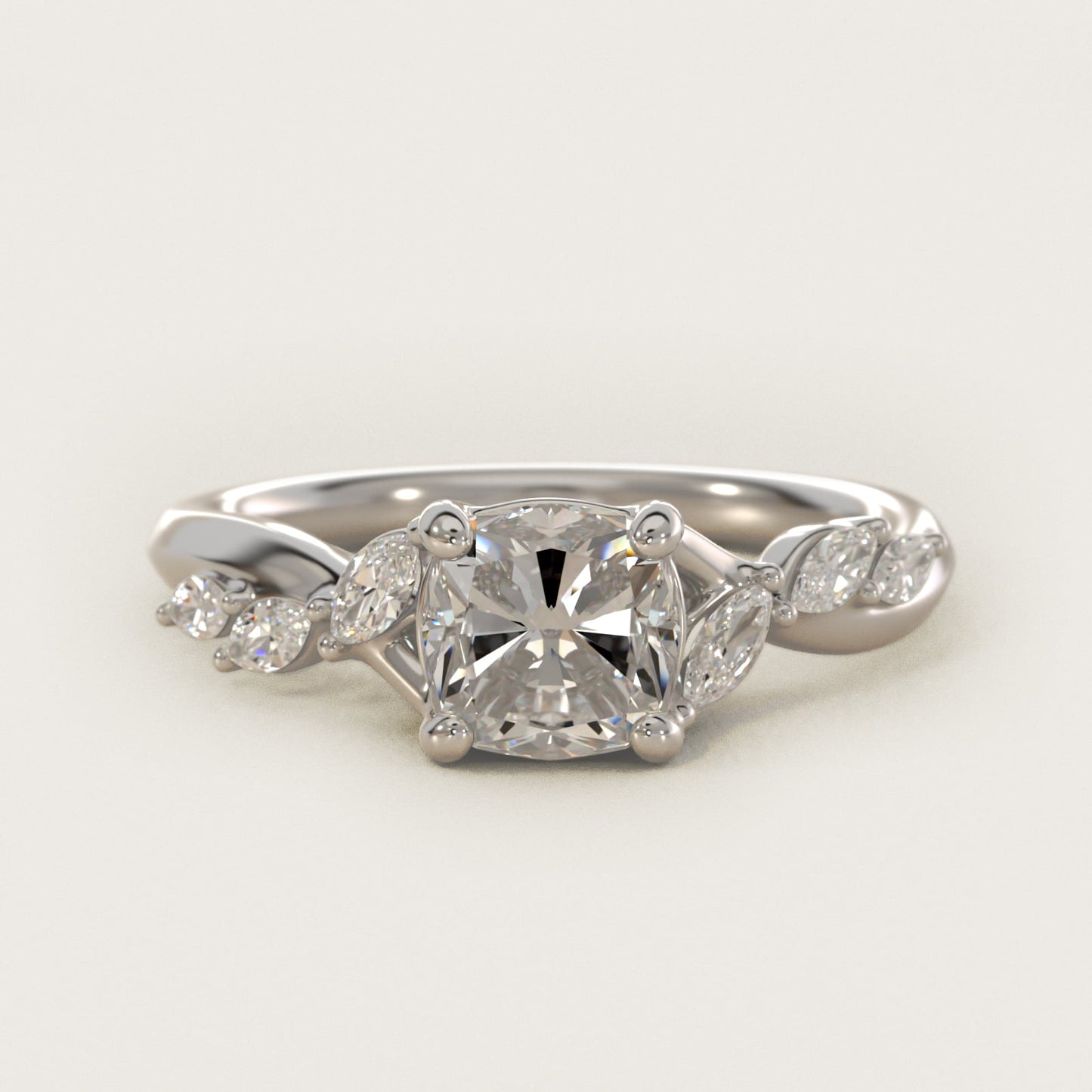 Leaf Vine Diamond Motif Side Stone Engagement Ring In 14K White Gold By James Allen - Cushion Center