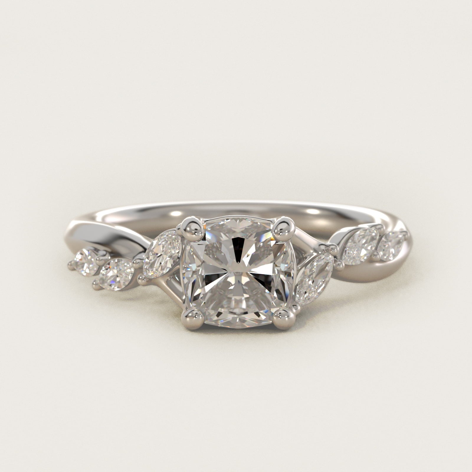 Leaf Vine Diamond Motif Side Stone Engagement Ring In 18k White Gold By James Allen - Cushion Center