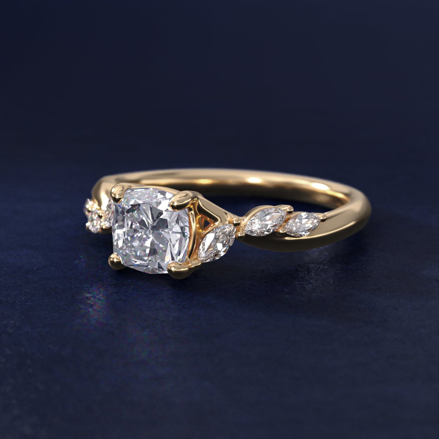 Leaf Vine Diamond Motif Side Stone Engagement Ring In 14K Yellow Gold By James Allen - Cushion Center