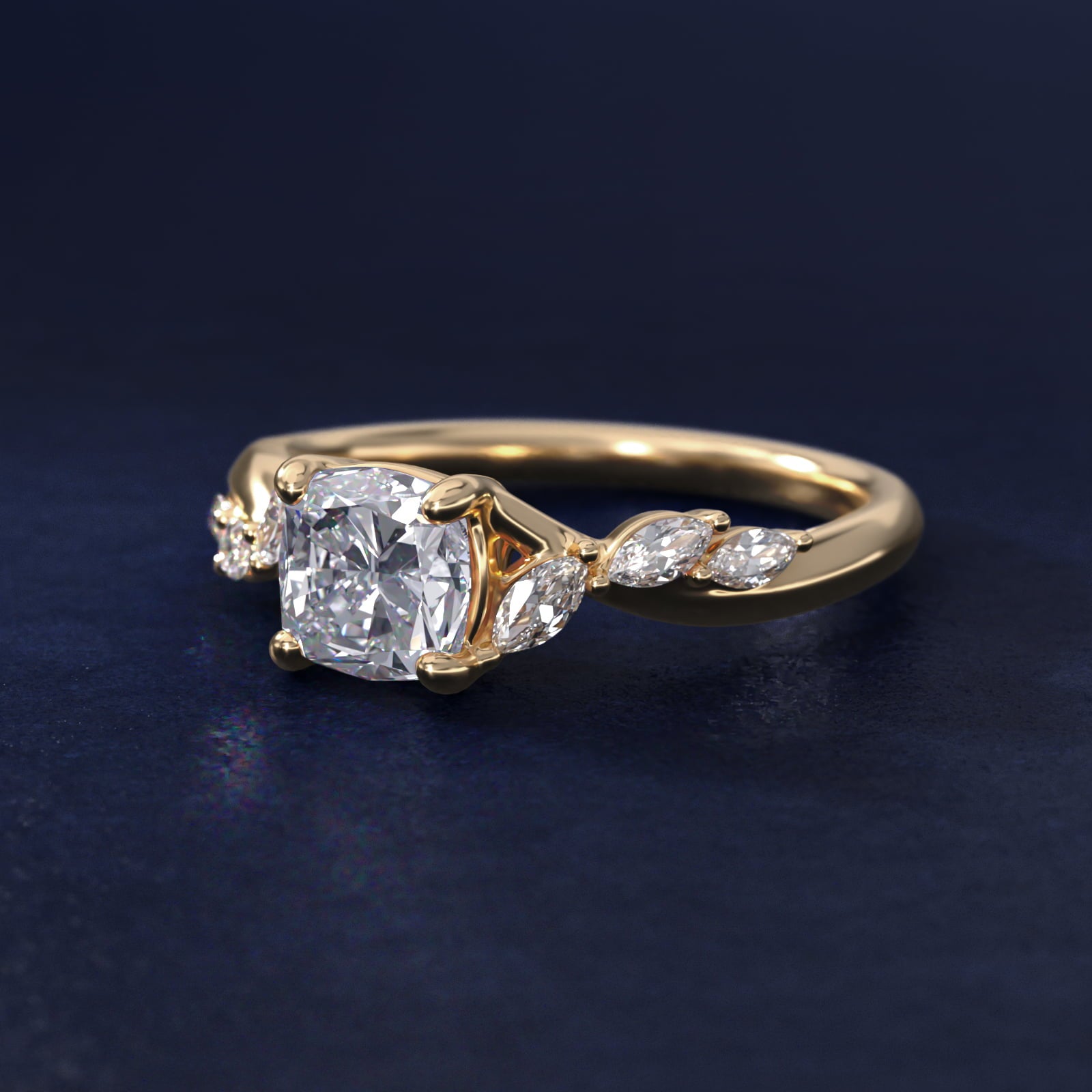 Leaf Vine Diamond Motif Side Stone Engagement Ring In 14K Yellow Gold By James Allen - Cushion Center