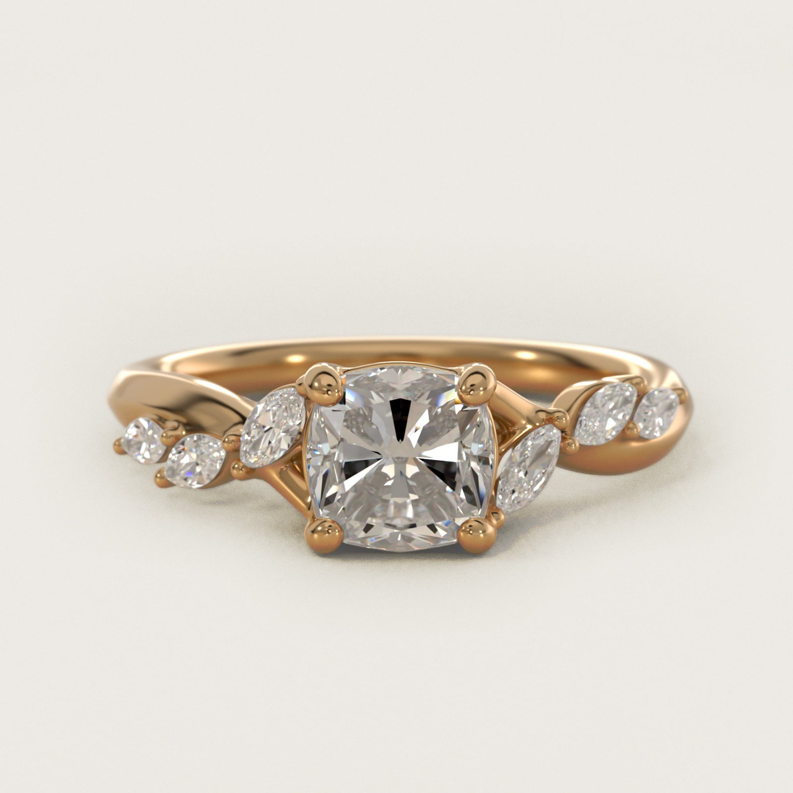 Leaf Vine Diamond Motif Side Stone Engagement Ring In 14K Yellow Gold By James Allen - Cushion Center