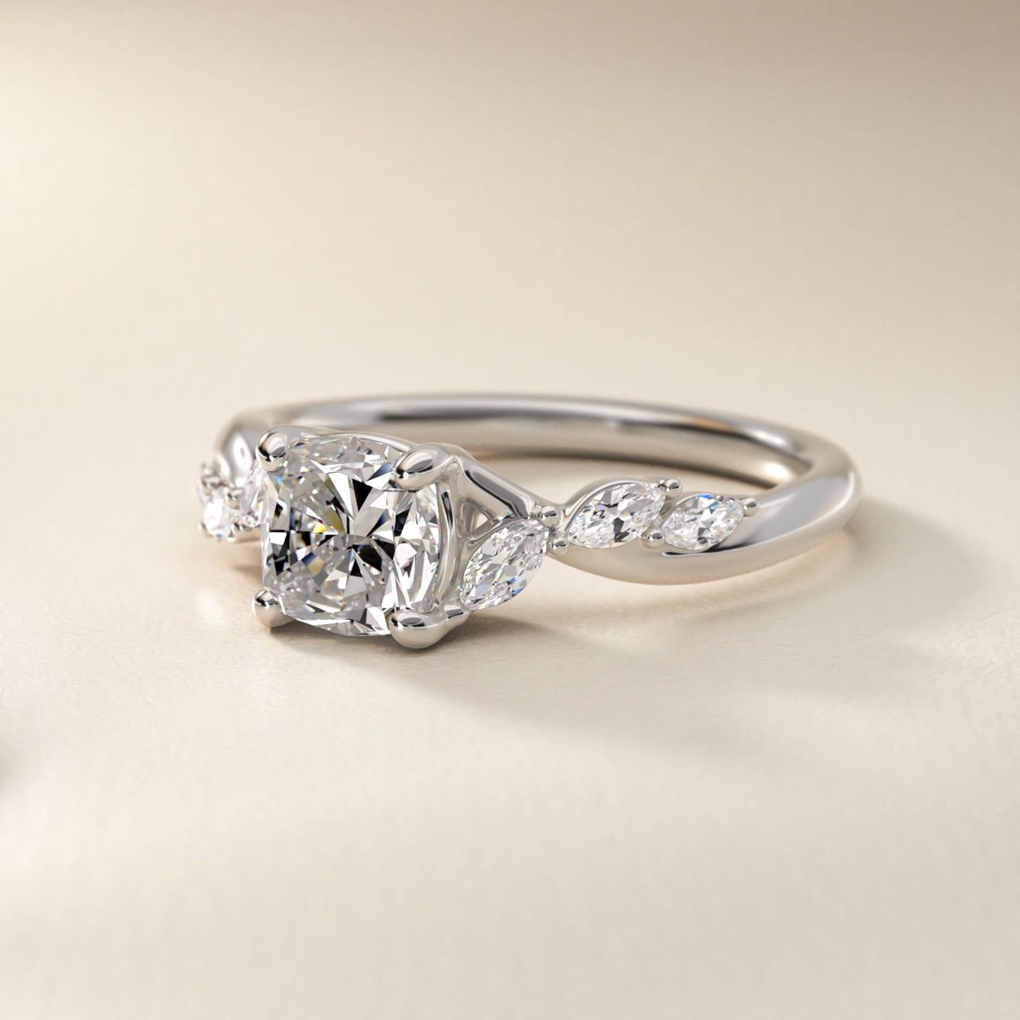 Leaf Vine Diamond Motif Side Stone Engagement Ring In Platinum By James Allen - Cushion Center