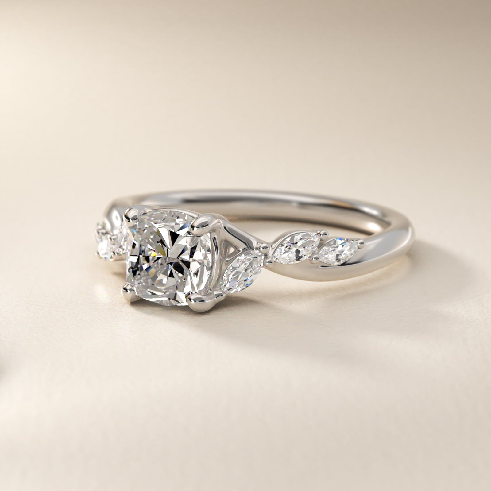 Leaf Vine Diamond Motif Side Stone Engagement Ring In Platinum By James Allen - Cushion Center