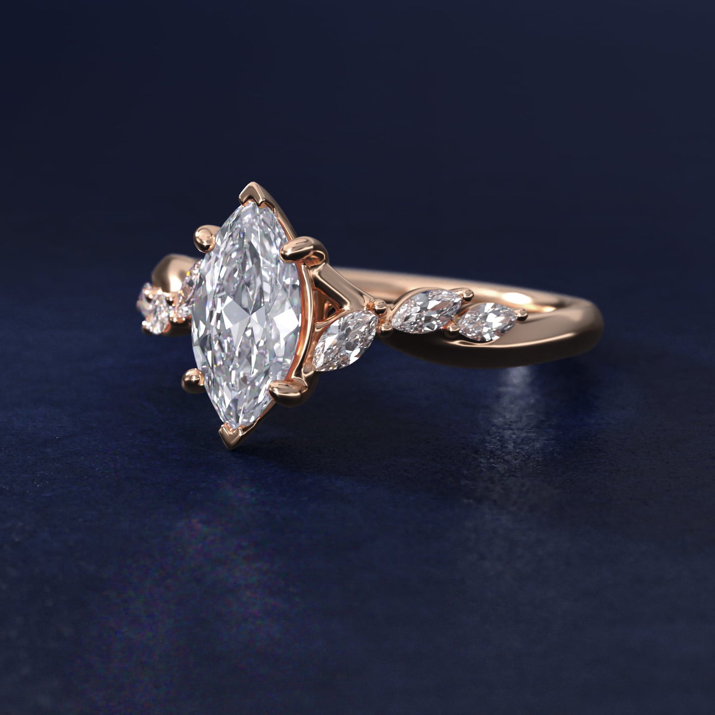 Leaf Vine Diamond Motif Side Stone Engagement Ring In 14K Rose Gold By James Allen - Marquise Center